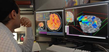 neuroscientist looking at pictures of brains on two computer screens